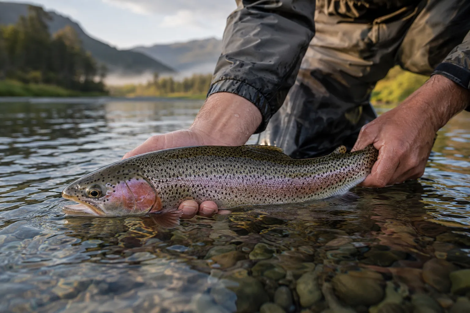 An angler releasing a trout in Patagonia